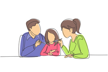 Wall Mural - Continuous one line drawing young family having fun together in restaurant. Parents feeds they daughter with love. Happy little family concept. Single line draw design vector graphic illustration