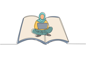 Wall Mural - Single continuous line drawing Arabian female with laptop sitting on open big book. Freelance, distance learning, online courses, and studying concept. One line draw graphic design vector illustration