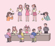 A girl idol is holding a fan meeting event. Fans take pictures of idols. They are having a conversation at the table.