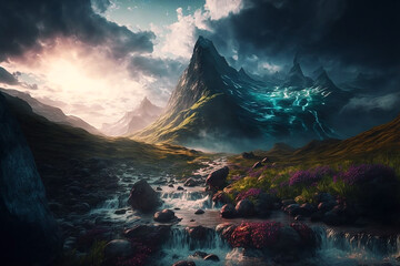 Wall Mural - stunning mountain peak waterfall. Generative AI