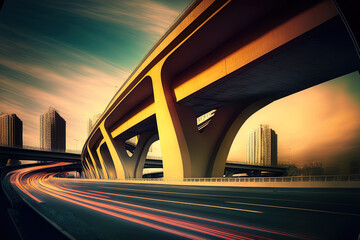 Canvas Print - Motion blur of a highway overpass with a contemporary metropolitan background. Generative AI