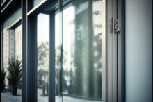 Office Sliding Window Made Of Aluminum. Sliding Glass Window In An Office. Office Door Has Decorative Glass Film On It. Closeup Glass With A Thick Layer Of Frosting Reduces Visibility. Generative AI