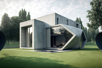 of a stunning modern home made of exposed cement with a lawn and pool. Generative AI