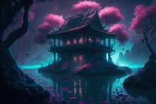 Floating Temple Architecture In Jungle With Fluffy Cherry Blossom Illustration Generative AI