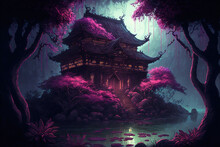 Floating Temple Architecture In Jungle With Fluffy Cherry Blossom Illustration Generative AI