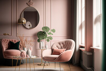 Modern Apartment's Chic Living Room With A Pink Tone, Chic Furnishings, A Chair On Parquet Flooring, A Blank Circular Wall, And Fine Accents. Home Furnishings,. Generative AI