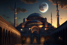 Istanbul, Turkey's Hagia Sophia Mosque In The Dawn Light, With A New Moon In The Sky. Generative AI