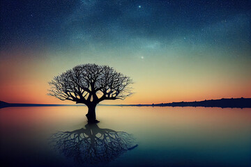  tree of life reminiscent of Yggdrasil reflected in an icy lake at night, dramatic starry sky in the background