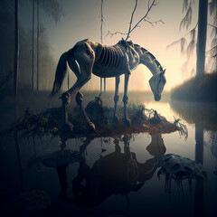 A skeleton horse in a swamp created with generative AI technology