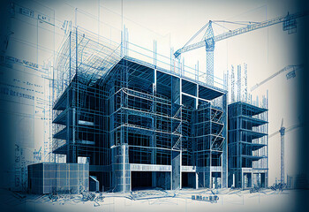 Wall Mural - blueprint 3d building construction with crane