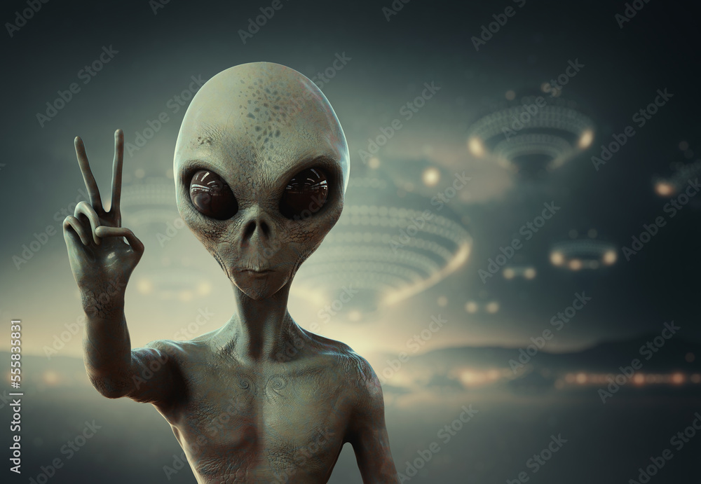 alien showing peace sign, 3d render