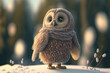 Owl in beautiful forest. Snowy owl in winter, Pygmy bird owl in snowfall. Small owl in forest