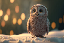 Owl In Beautiful Forest. Snowy Owl In Winter, Pygmy Bird Owl In Snowfall. Small Owl In Forest