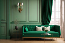 Interior In A Contemporary Classic Green Color With Wood Floors, Sofas, Lamps, And Drapes. A Mockup. Generative AI