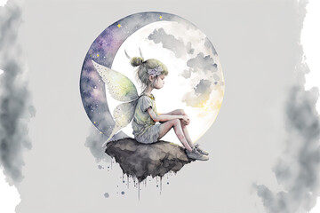 Illustration of a little fairy girl sitting on a grey moon in watercolor and with a white background. Generative AI
