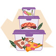 Plastic storage containers with food, flat cartoon hand drawn vector illustration isolated on white background. Storage containers to reduce food waste concept. Packed leftover or lunch boxes.
