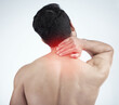 © Jesse B/peopleimages.com - Man, hands or body neck pain and glow on studio background in exercise, workout or training stress, tension or 3d muscle crisis. Abstract injury, sports athlete or fitness person in first aid burnout