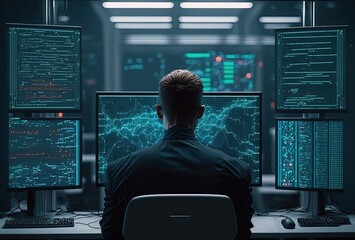 illustration of a programmer seriously working  on computer