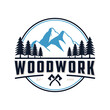 © Avni Design - Woodworking logo design emblem vintage, pine tree vector, axe, wood, mountains design circular emblem, camping logo, outdoor, adventure.