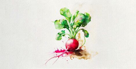 Radish. Watercolor on white paper background. Illustration of vegetables and greens 