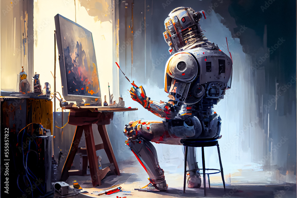 Cyborg While Cyborg Ai robot artist in dark studio next to his easel, painting and ...