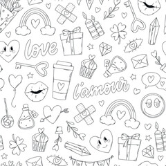 Wall Mural - Valentine's day seamless pattern with monochrome doodles on white background for wrapping papers, scrapbooking, textile prints, stationary, wallpaper, etc. EPS 10