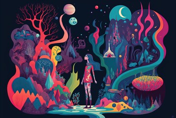 flat design, pop art illustration of a woman wandering in colorful forest