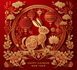 Leinwandbild Motiv Happy chinese new year 2023 year of the rabbit zodiac sign with flower,lantern,asian elements gold paper cut style on color Background. (Translation : Happy new year). Ai-generated. generative ai.