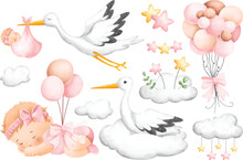 Stork And Baby Girl Clipart. Watercolor Illustration. Great For Card And Greetings.
