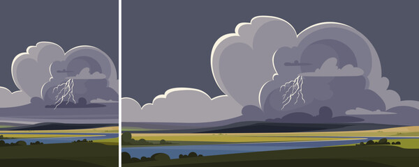 Wall Mural - Thunderstorm over the river. Nature landscape in different formats.