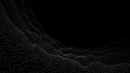 Wall Mural - wave of digital particles on a black background. abstract interlacing lines and points. digital conn