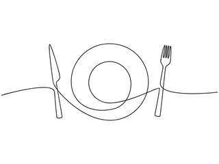 fork, knife, plate icon set top view vector one line continuous drawing illustration. hand drawn lin