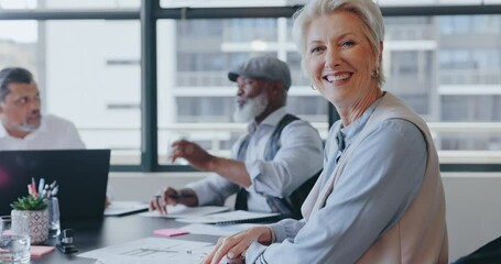 Wall Mural - Face, leadership and senior woman in meeting for sales, marketing or advertising strategy. Portrait, ceo and female entrepreneur with vision, mission or success mindset in office with business people