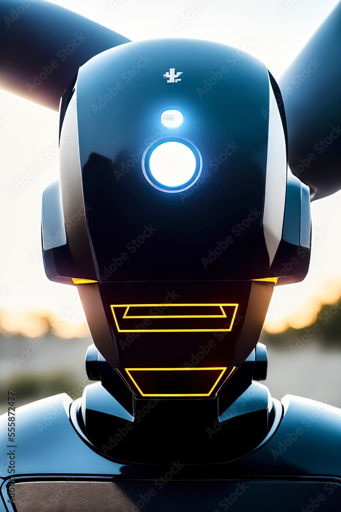 Geometric no-frills head of a robot with cyclopean lens in the center of the forehead and clean sharp lines, made with generative AI