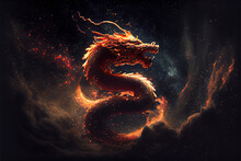 Chinese Dragon Flying In Dark Sky And Galaxy On The Background.  
Digitally Generated AI Image