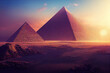 Two fictional egyptian pyramids in desert with evening sunset (Generative AI)