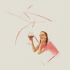 Sticker - Tasting wine. Creative artwork with body and head of fashionable stylish young girl over light background with doodles or pencil sketches. Emotions, style, fashion