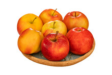 7 Apples (Gala) Of Yellow-red Color On A Clay Plate.
