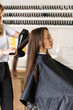 © Виктория Попова - The hairdresser dries the client's hair with a hair dryer and styles her hair with a comb.