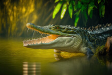 South American Nature And Wild Dangerous Wild Caiman With Fish In Mouth In The Natural Environment Wild Brasilia Brasilian Wildlife Pantanal Green Rainforest. Generative AI