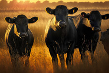 Black Angus Cattle On A Field Of Grass Under The Setting Sun. Generative AI