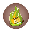 Green chili pepper pod and flame of fire from behind, badge or logo design. Mild hotness or spiciness level. Vector illustration