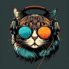 Illustration Cat With EarPhone Cool Design Colorful For Any Printable You Need