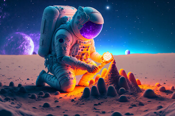 Canvas Print - astronaut building a sand castle on a beach. Generative AI