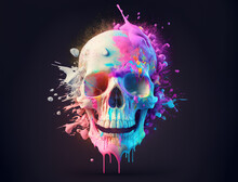 Creativity Concept, With Human Skull Splashed In Colorful Paint, Digital City Concept, Generative AI Illustration
