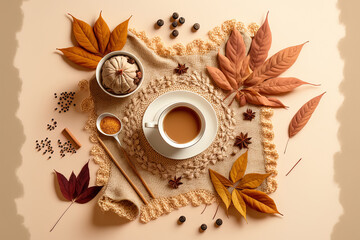 Canvas Print - lovely flat lay arrangement of autumn on a beige backdrop spices, hot coffee, dried leaves, and a crocheted blanket a top view Space copy, anime style. Generative AI