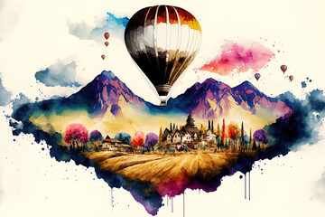 Wall Mural - Hot air balloon in a bright watercolor landscape painting with a hamlet, a mountain in the distance, a rural community, and a spring in the sky backdrop. Asian hand painted abstract artwork