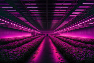 Sticker - LED lighting in an industrial greenhouse is purple. indoor hydroponic veggie plant factory Farm for green salad. Generative AI