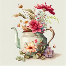 Teapot With Flowers.  Generative AI