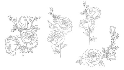Wall Mural - Handrawn Monoline Roses Floral Arrangement Lineart